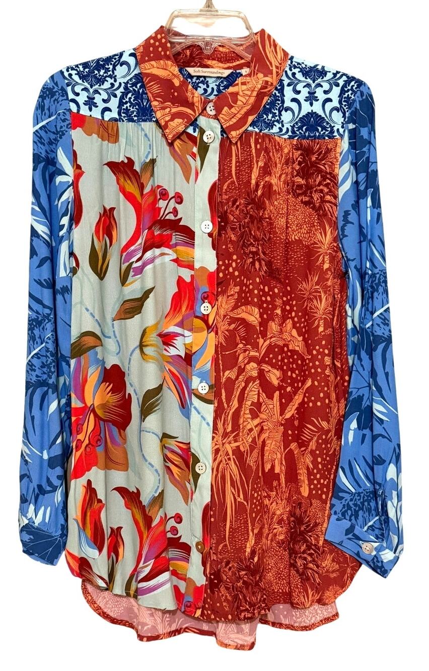Soft Surroundings Mixed Print Button Front Tunic Blouse Artsy Boho Small
